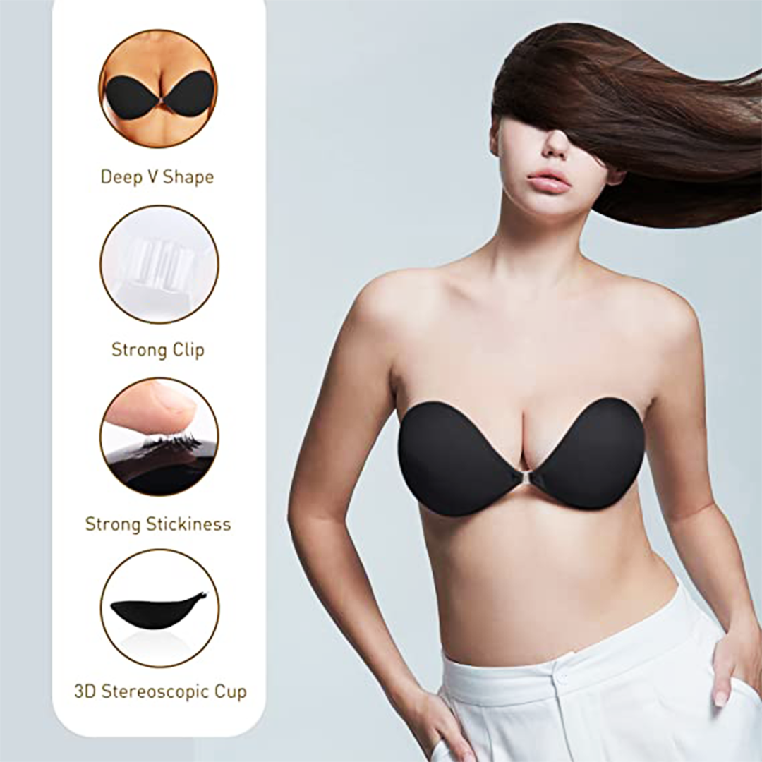 Wings Shape Reusable Push Up Gathering Strapless Bras Sticky Bra Adhesive  Invisible Bra In BLACK
